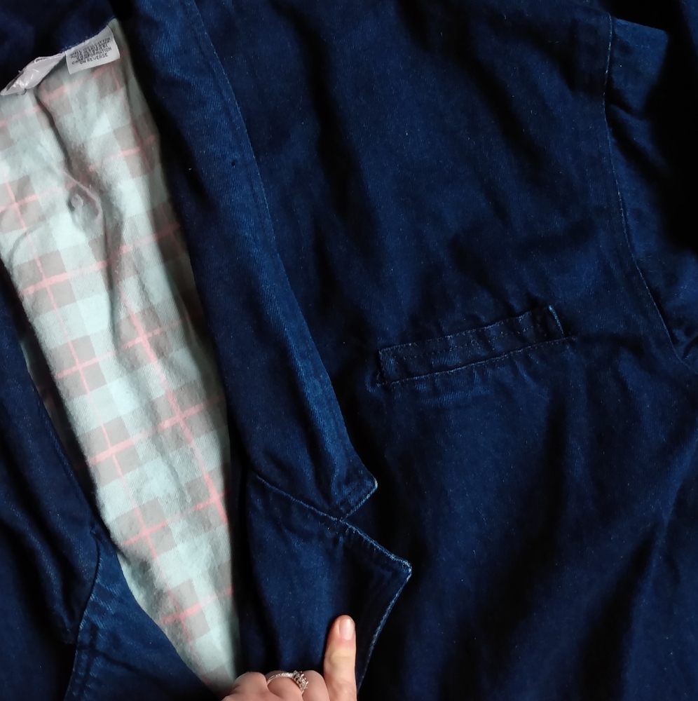 Vintage Dark Wash Denim Lapel Long Blazer 80s 90s Flannel-lined